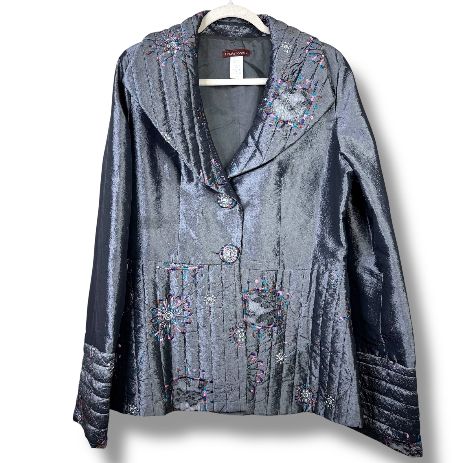 Vintage Design Today's 1990s Iridescent Grey Quilted Embroidered Floral Jacket